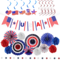 4E's Novelty 24 Pcs Patriotic Hanging Decorations, 6 Pcs Foldable Hanging Patriotic Paper Fans Red White Blue Decor with Star Streamer, American Independence Day Banner with USA Flag, USA Glory Decor